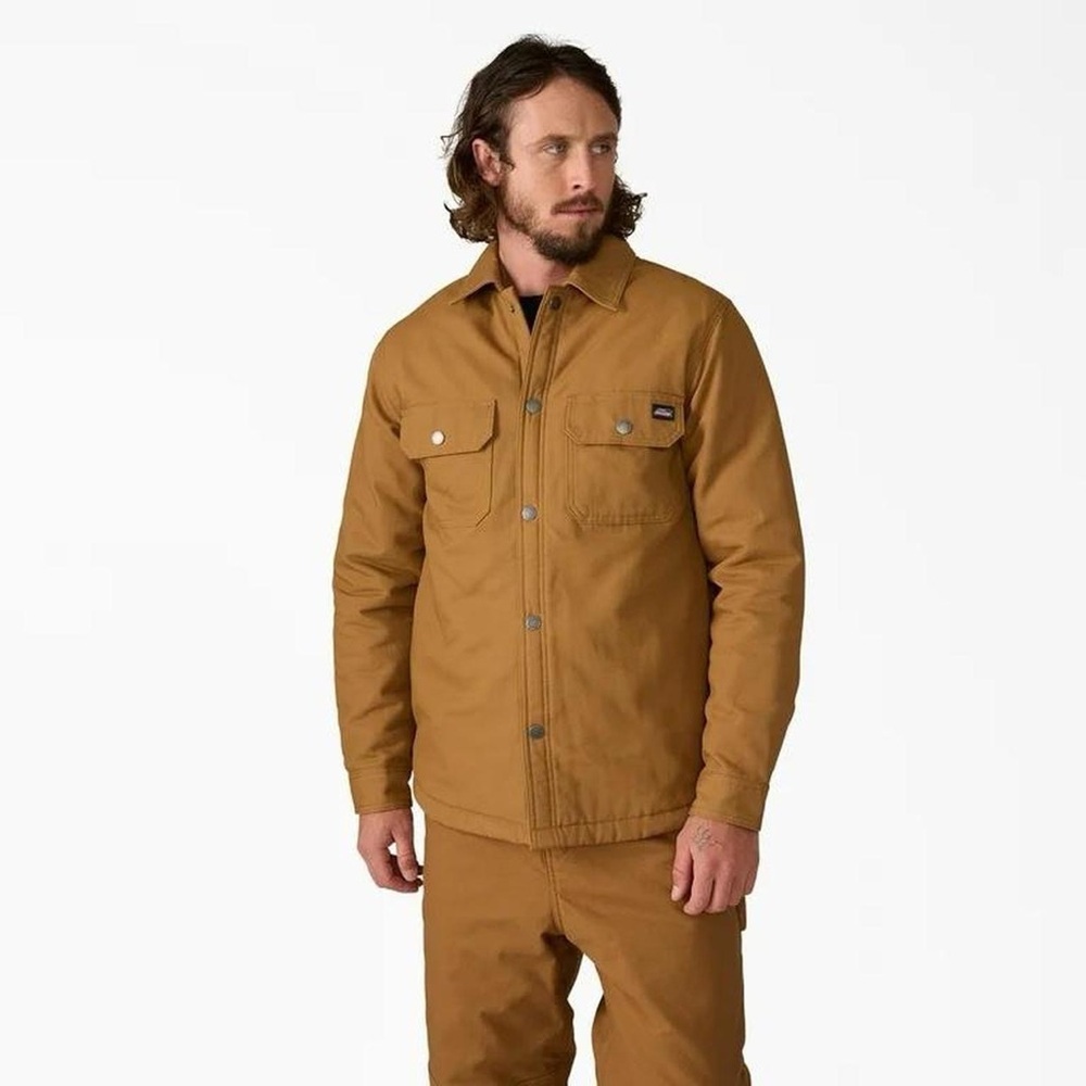 Genuine Dickies Flannel Lined Canvas Shirt Jacket in Brown Duck